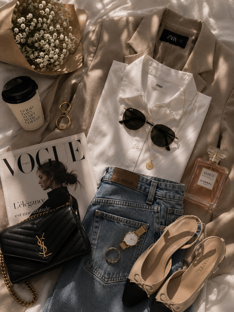 Elegant timeless wardrobe essentials featuring a beige blazer, white shirt, blue jeans, luxury handbag, sunglasses, perfume, watch, and classic heels in a stylish flat lay.