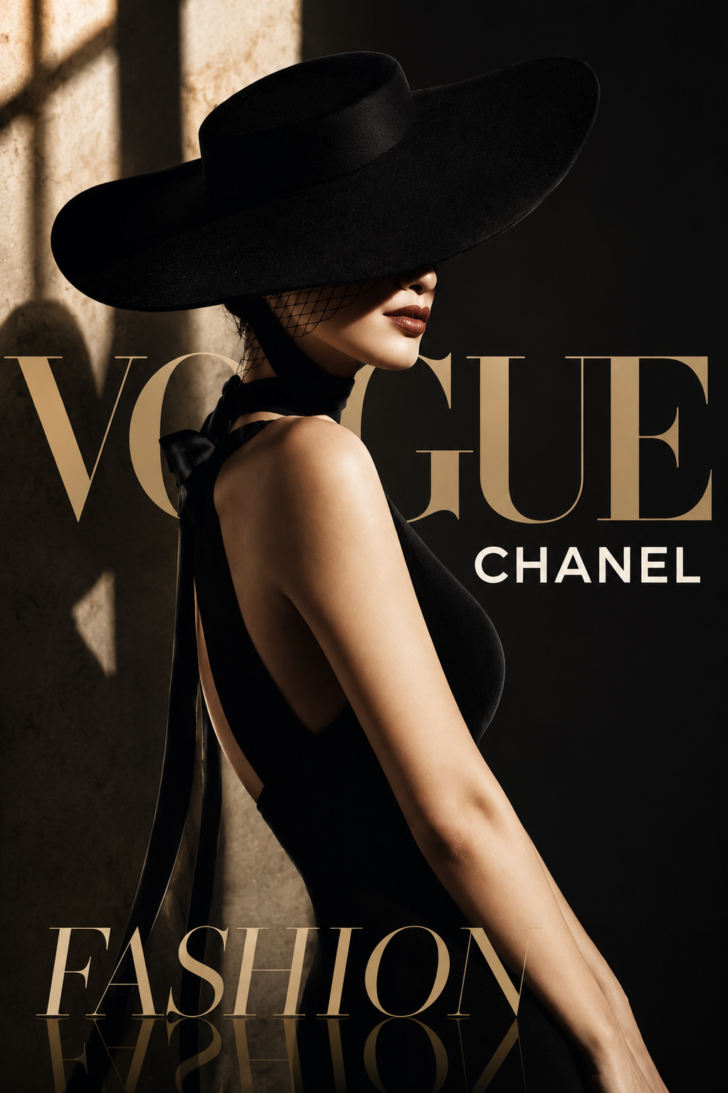 Elegant woman in a black dress and wide-brim hat on a luxury fashion magazine cover with modern editorial design.