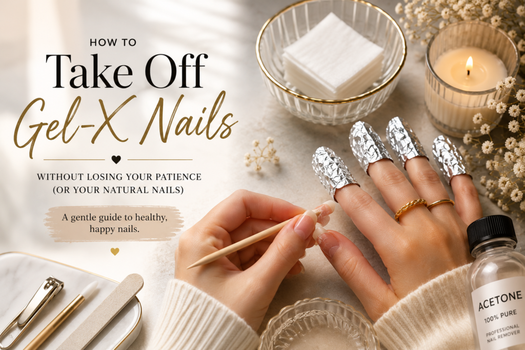 Luxury beauty flat lay showing how to take off Gel-X nails without damaging natural nails.